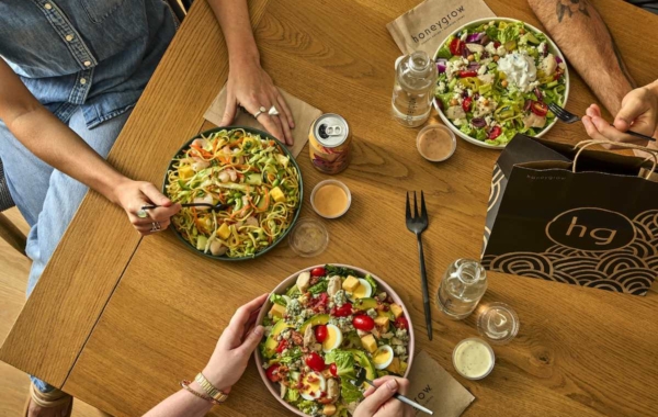 aerial view of salads on a table